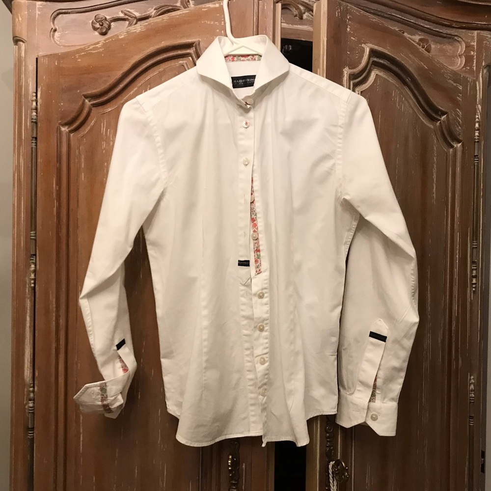 White, button down w pink flower details